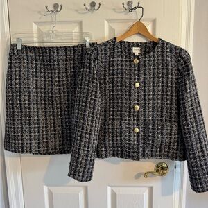 J. Crew Navy Blue and Gold Tweed Blazer and Skirt Set